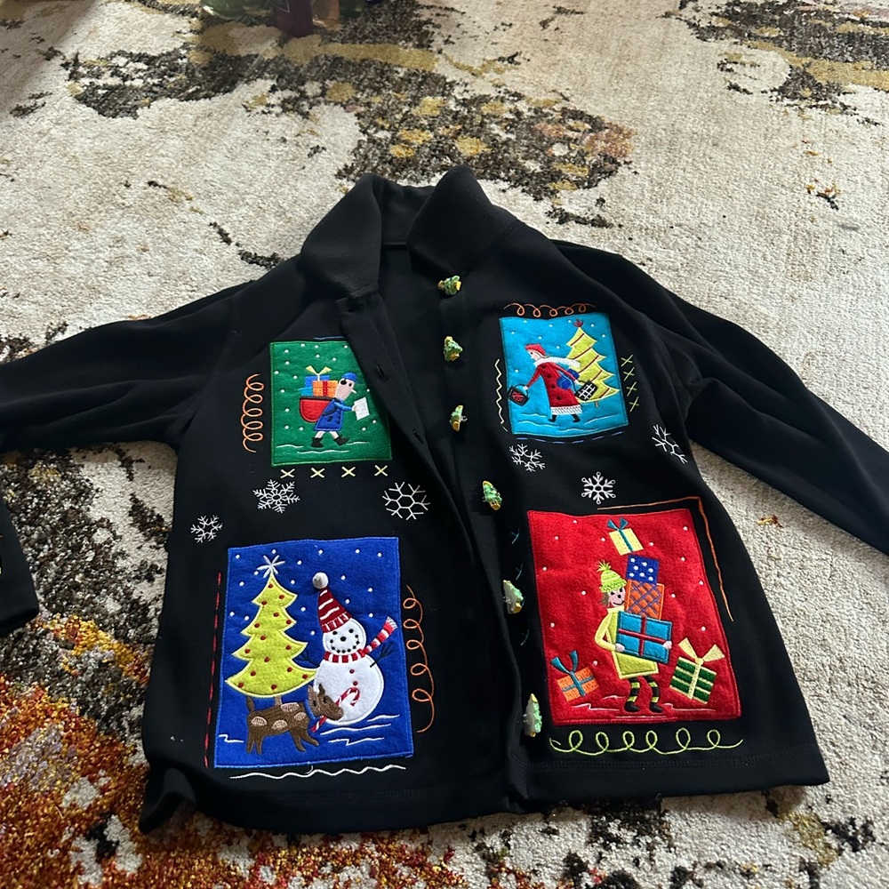 Black Holiday Jacket with Festive Patches